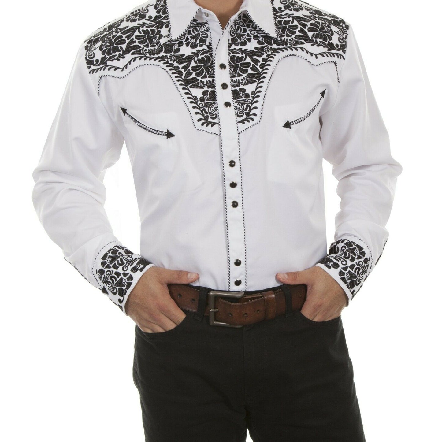 Scully Men's Floral Tooled Embroidery White & Black Shirts P-634-WBK