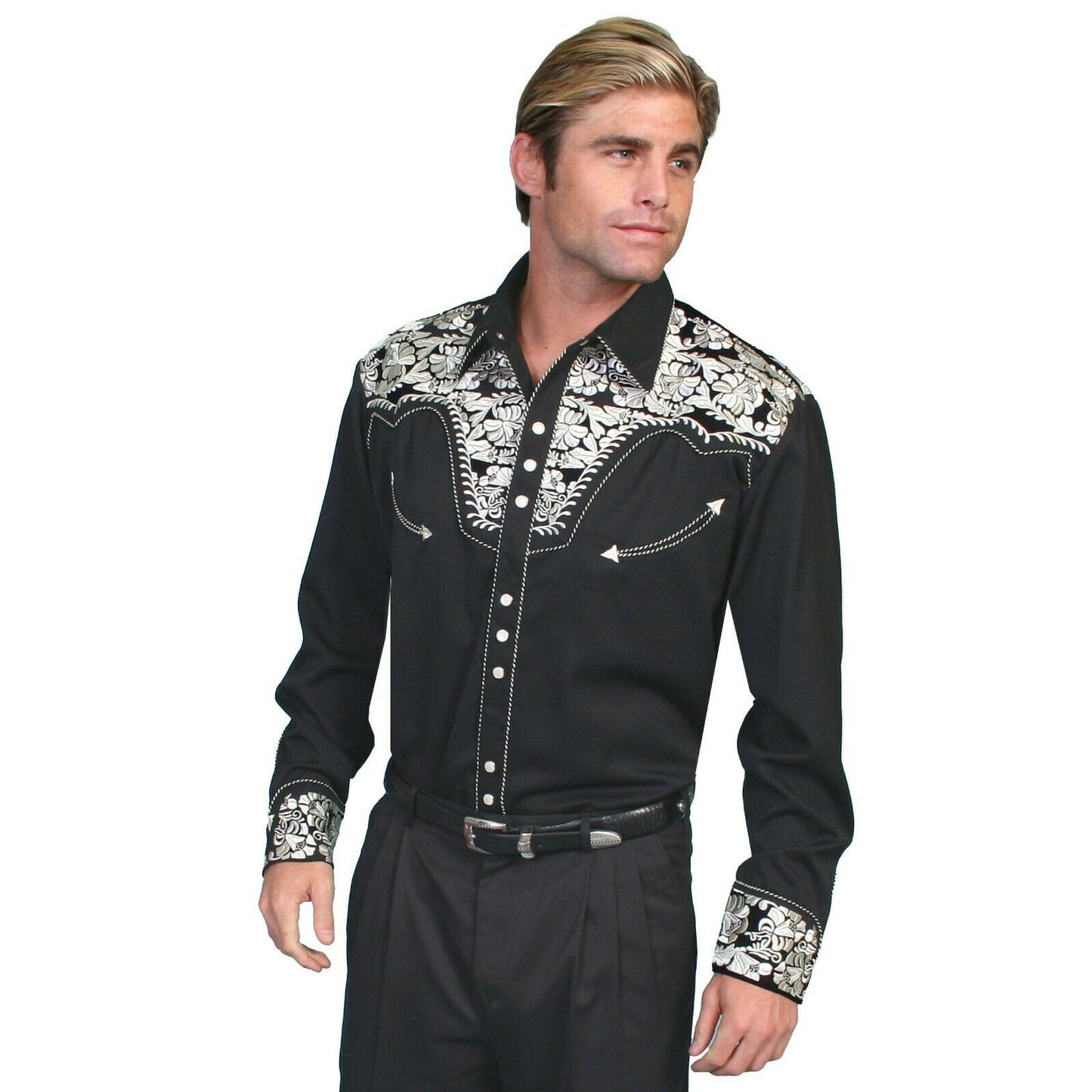 Scully Men's Black & Silver Embroidered Shirts P-634-SIL