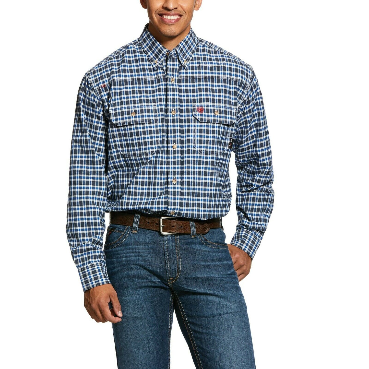 Ariat® Men's Navy Plaid FR Featherlight Button-Up Work Shirt 10031016