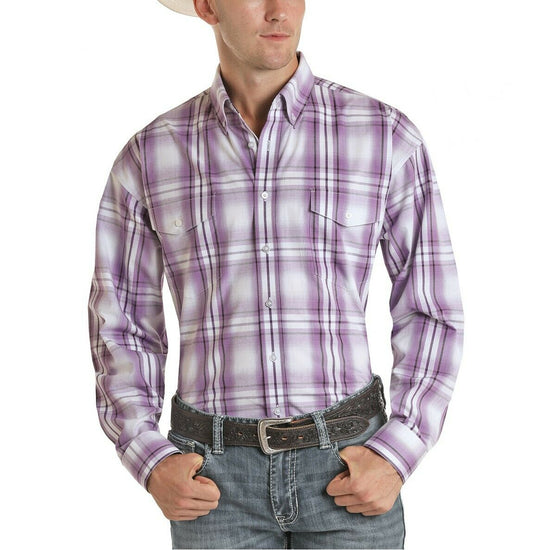 Panhandle Select Mens Lilac Poplin Plaid Button Down Shirt 36D5021