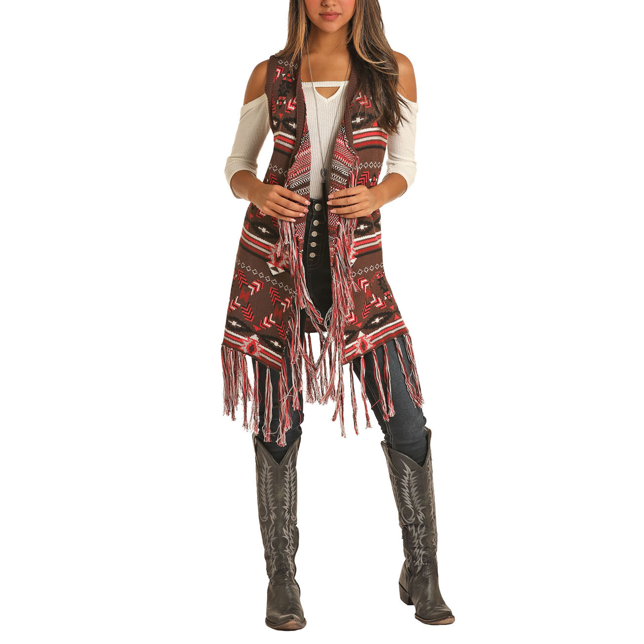Powder River Outfitters® Ladies Aztec Jacquard Fringe Vest 58A6716
