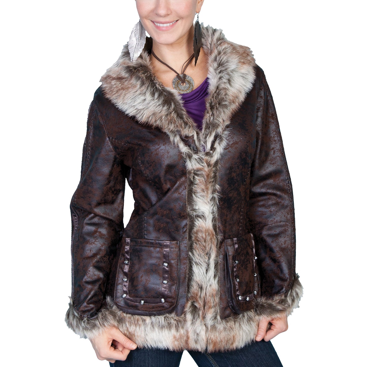 Scully Ladies Mottled Faux Shearling Dark Brown Jacket 8013-DBN