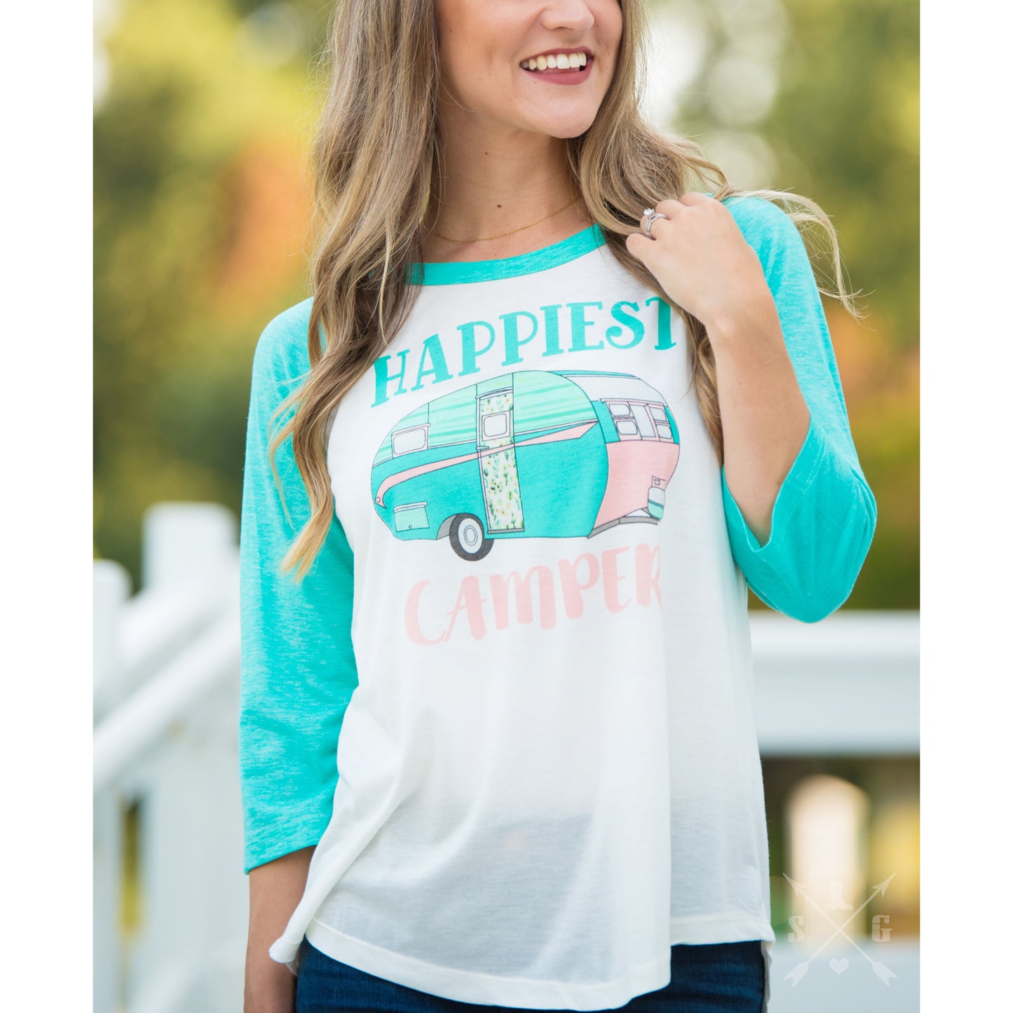 Southern Grace Ladies Happy Camper Turquoise & White Raglan Shirt 8106