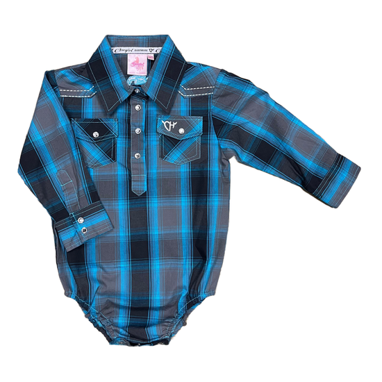 Cowgirl Hardware Hombre Black & Turquoise Plaid Snap Onesie 825484R-010-I