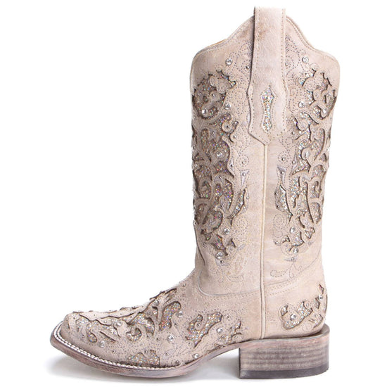 Corral Ladies White Glitter Inlay/Crystals Square Wedding Boot A3397 - Wild West Boot Store