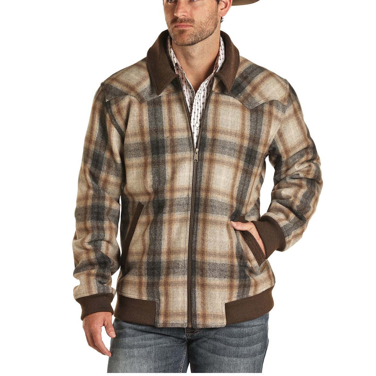 Powder River Outfitters Men's Brown & Beige Plaid Wool Coat 92-1008-23