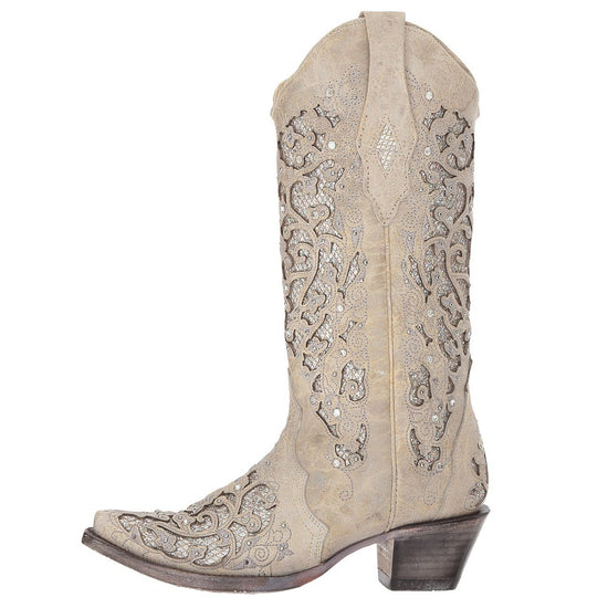 Corral Ladies White Glitter Inlay Crystals Wedding Boot A3322 - Wild West Boot Store
