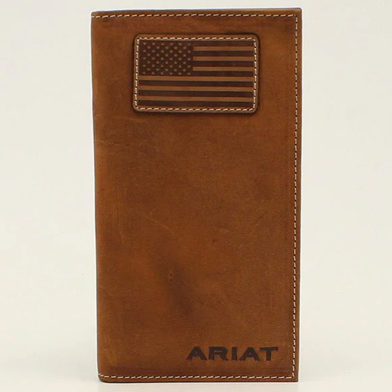Ariat® Men's Brown Flag Patch Checkbook Leather Rodeo Wallet A3548344