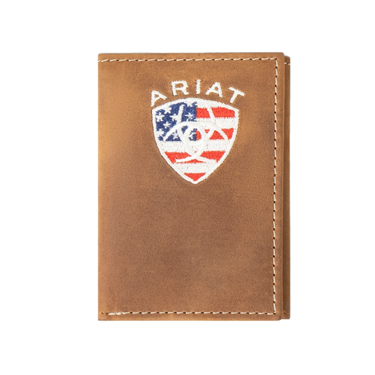 Ariat American Flag Embroidered Aged Bark Trifold Wallet A35548217