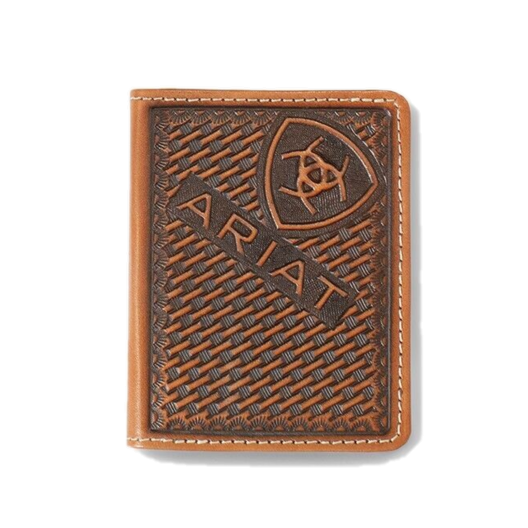 Ariat Men's Flip Case Brown Leather Basketweave Bifold Wallet A3556902