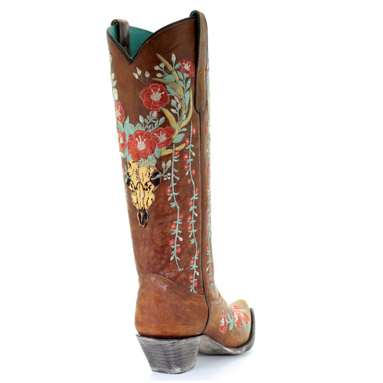 Corral Ladies Tan Deer Skull Overlay & Floral Embroidery Boots A3620 - Wild West Boot Store