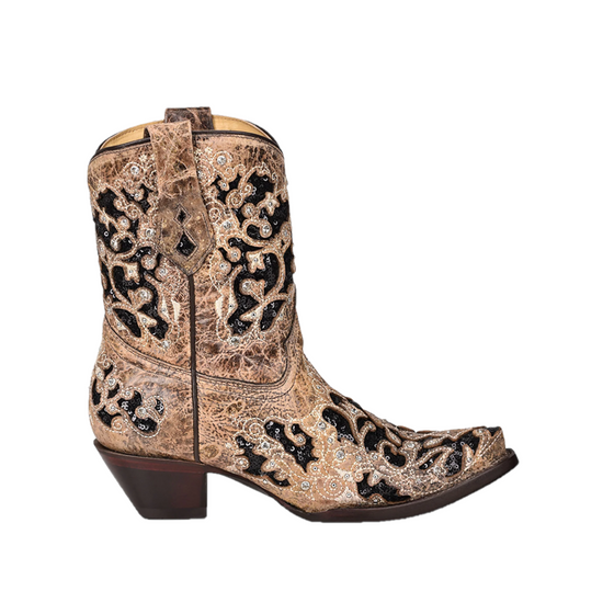 Corral® Ladies Inlay Embroidery & Studs Distressed Brown Ankle Boots A4190