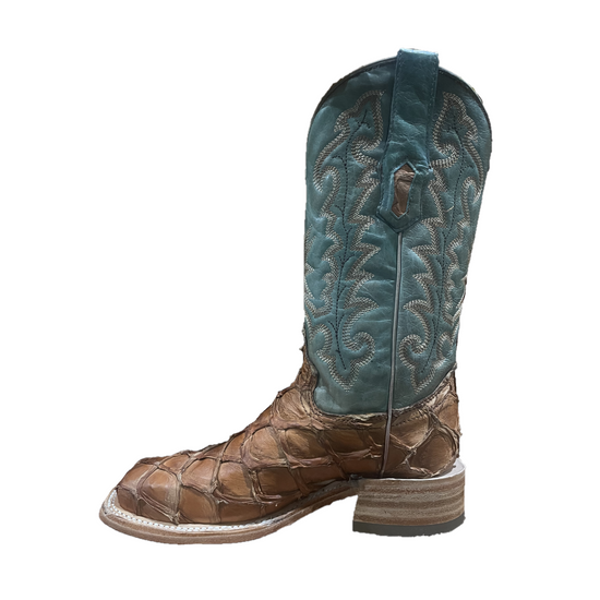 Corral® Ladies Exotic Pirarucu Brown & Embroidered Turquoise Western Boots A4203