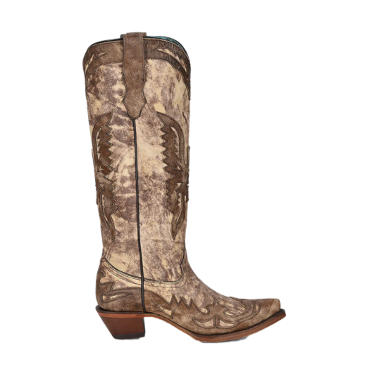 Corral Ladies Eagle Overlay Snip Toe Taupe Brown Tall Boots A4303