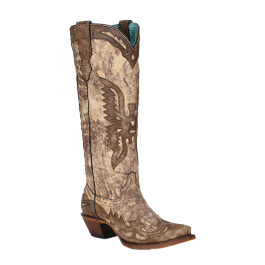 Corral Ladies Eagle Overlay Snip Toe Taupe Brown Tall Boots A4303