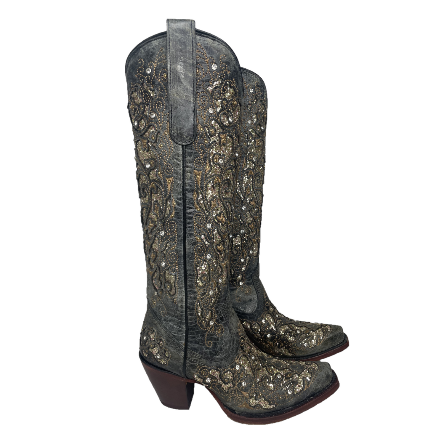 Load image into Gallery viewer, Corral® Ladies Embroidered Studded Inlay Distressed Black Snip Toe Boots A4344

