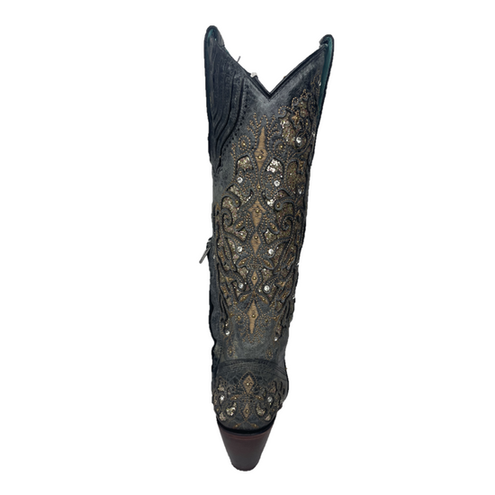 Load image into Gallery viewer, Corral® Ladies Embroidered Studded Inlay Distressed Black Snip Toe Boots A4344

