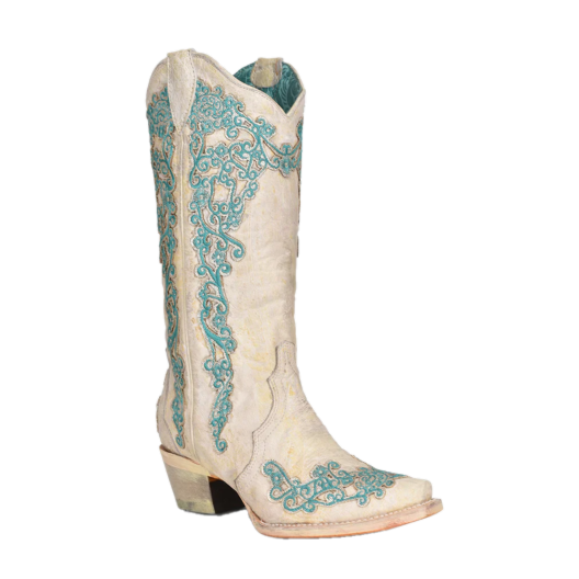 Corral Ladies Bone Glitter Overlay Embroidery Snip Toe Boots A4368