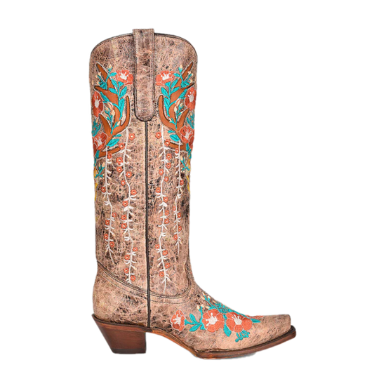 Corral Ladies Deer Head Inlay & Floral Embroidery Brown Western Boots A4374