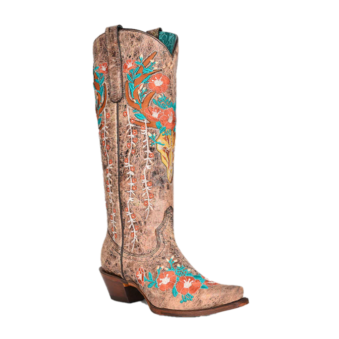 Corral Ladies Deer Head Inlay & Floral Embroidery Brown Western Boots A4374