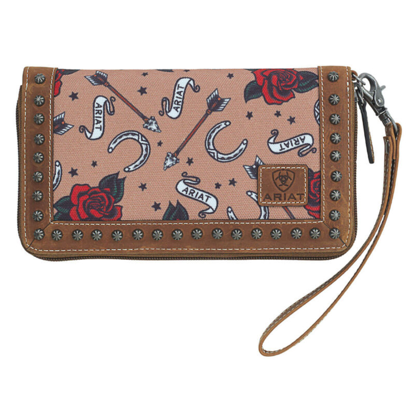 Load image into Gallery viewer, Ariat® Ladies Horseshoes &amp;amp; Roses Tan Wristlet Wallet A770005108
