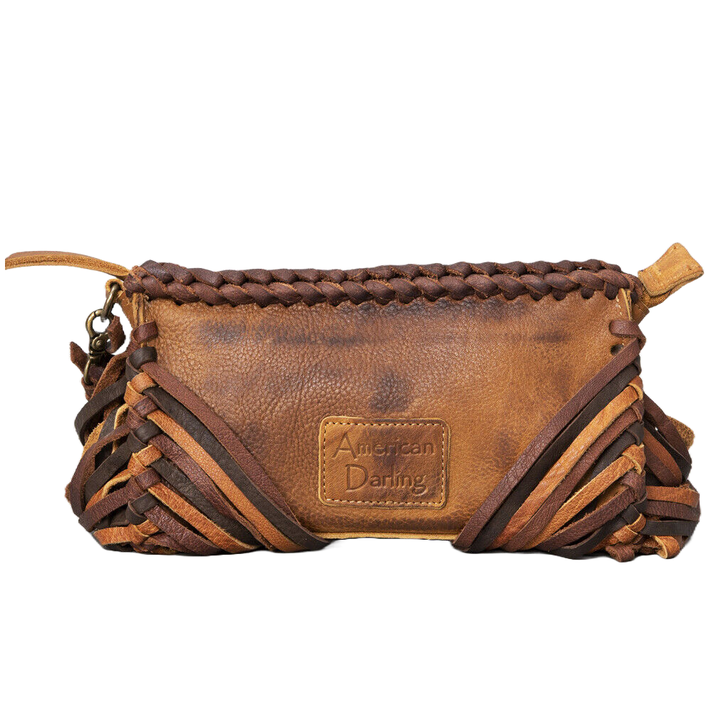 American Darling Turquiose Stone Fringed Brown Leather Clutch ADBGM271A