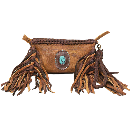 American Darling Turquiose Stone Fringed Brown Leather Clutch ADBGM271A