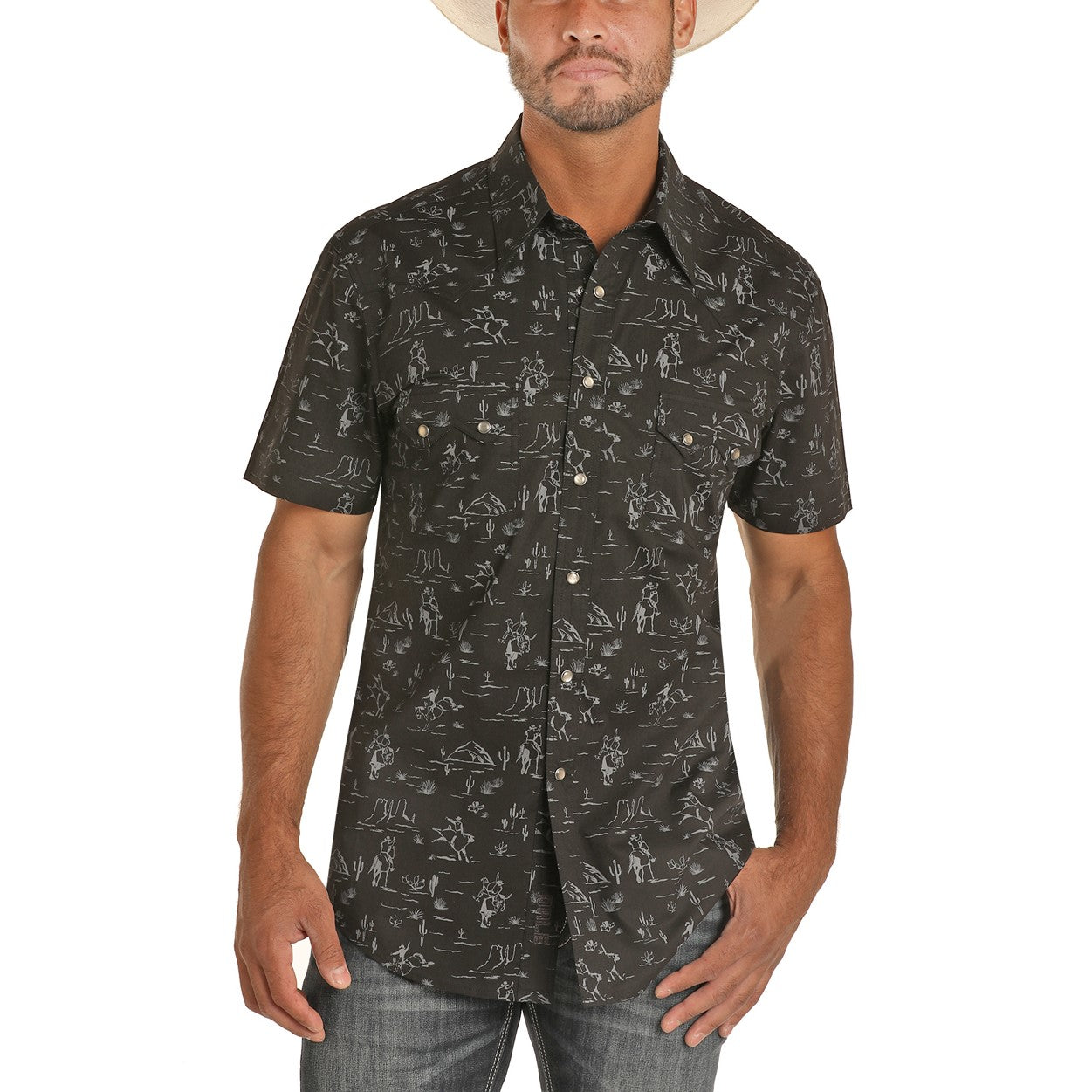 Rock & Roll Cowboy Men's Western Print Black Snap Button Shirt B1S9422