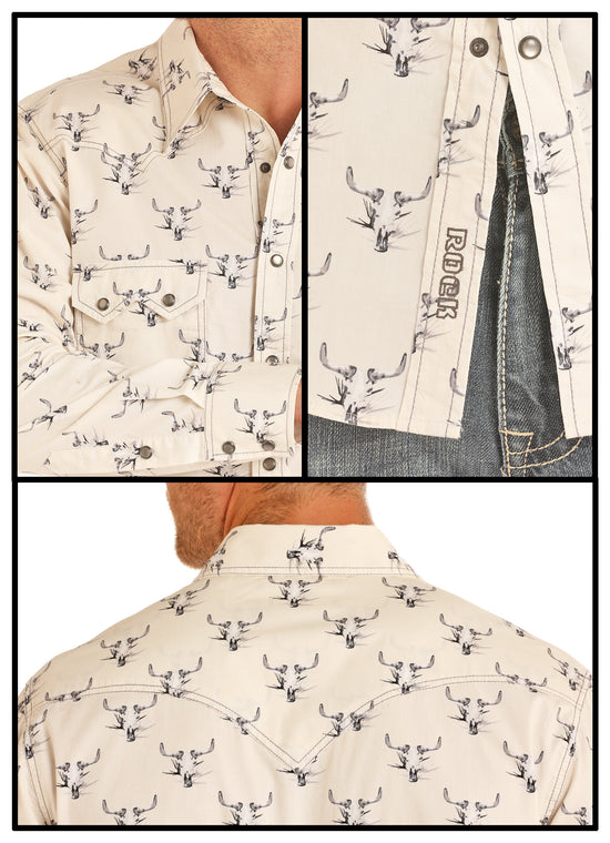Rock & Roll Cowboy Men's Crinkle Washed Print Long Sleeve Snap Shirt B2S1140