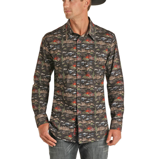 Rock & Roll Cowboy Men's Western Print Black Snap Shirt B2S1316