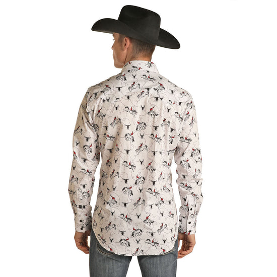 Rock & Roll Cowboy Men's Horse and Skull Horn Print Snap Shirt B2S1319