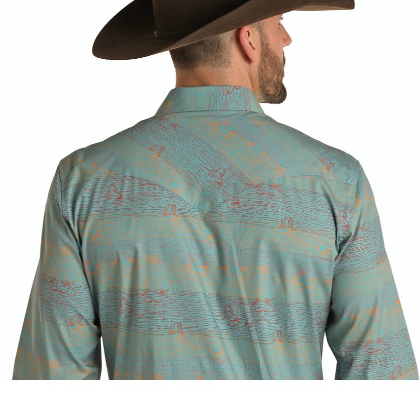 Rock & Roll Cowboy Men's Desert Scene Print Teal Snap Shirt B2S1320