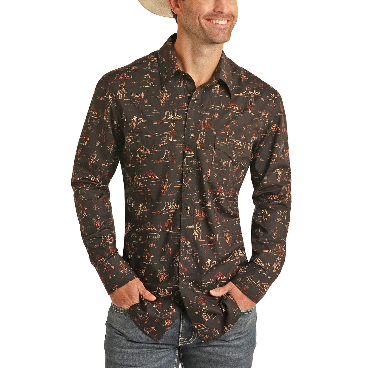 Rock & Roll Cowboy Long Sleeve Desert Print Orange Snap Shirt B2S3305