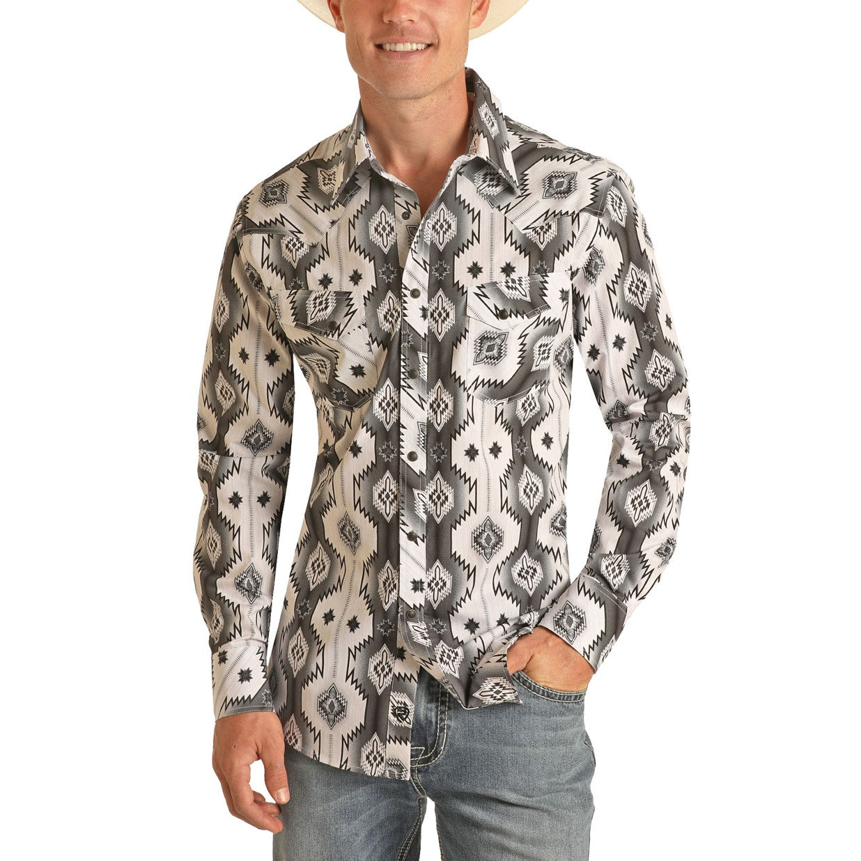 Rock & Roll Cowboy Men's Long Sleeve Aztec Print Black Snap Shirt B2S3311