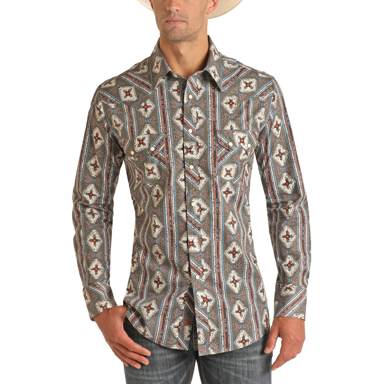 Rock & Roll Cowboy Men's Long Sleeve Aztec Print Blue Snap Shirt