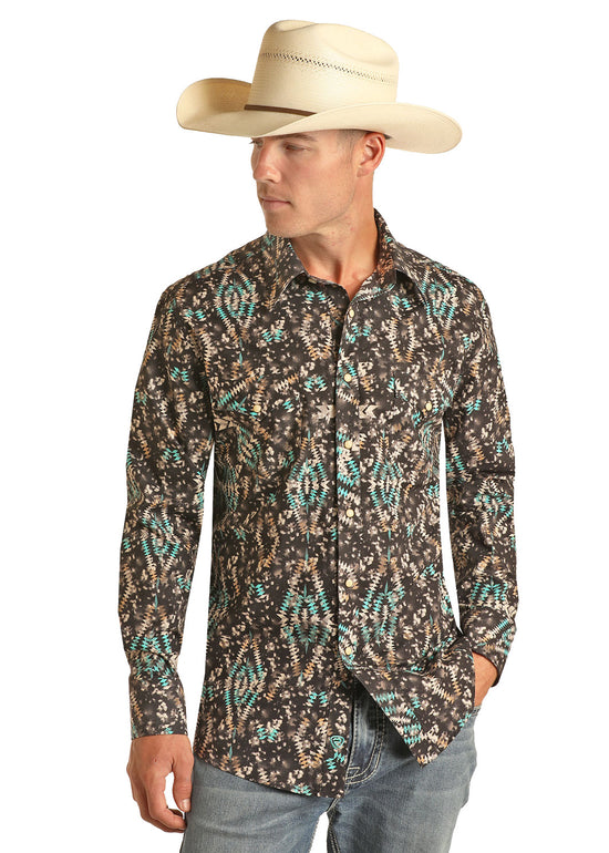 Rock & Roll Denim Men's Long Sleeve Aztec Print Brown Snap Shirt B2S3319