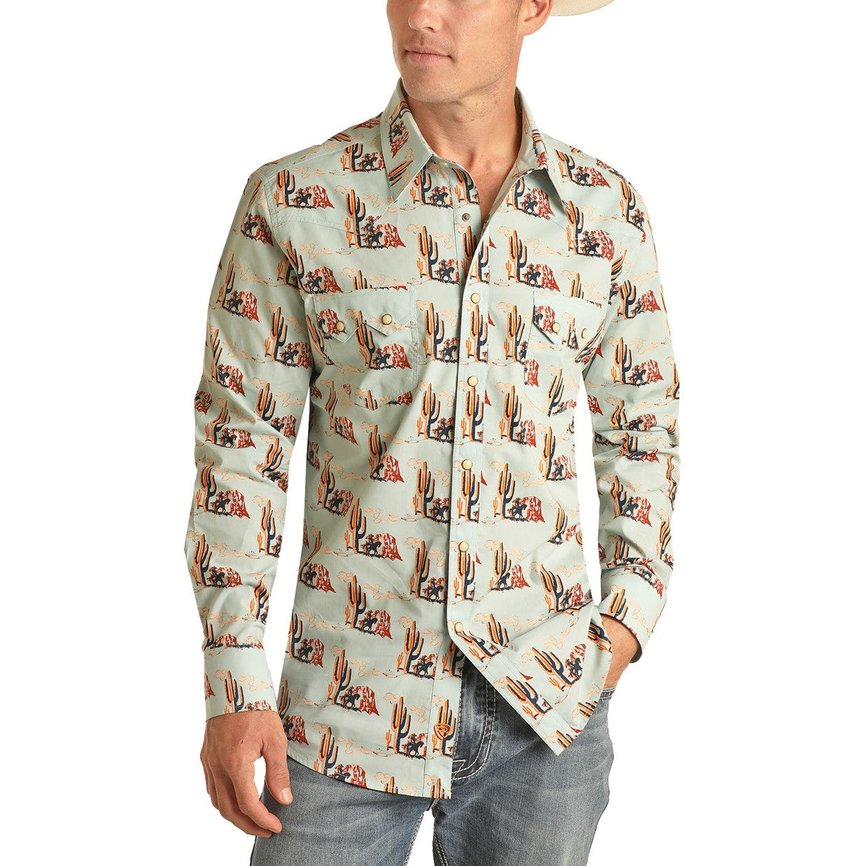 Rock & Roll Cowboy® Men's Cactus Print Aquamarine Snap Shirt B2S3325