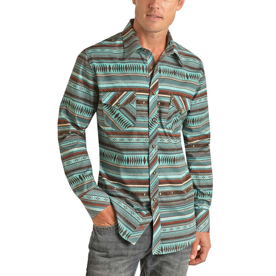 Rock & Roll Denim Men's Aztec Stripe Print Aqua Snap Shirt B2S3330