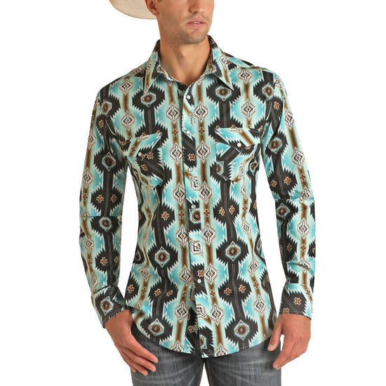 Rock & Roll Denim Men's Long Sleeve Aztec Print Aqua Snap Shirt B2S3332