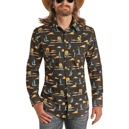 Rock & Roll Cowboy Men's Cactus Sunset Print Black Snap Shirt B2S3336