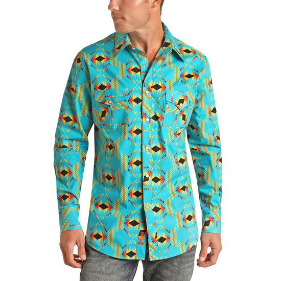 Rock & Roll Cowboy Men's Aztec Print Turquoise Snap Shirt B2S3337