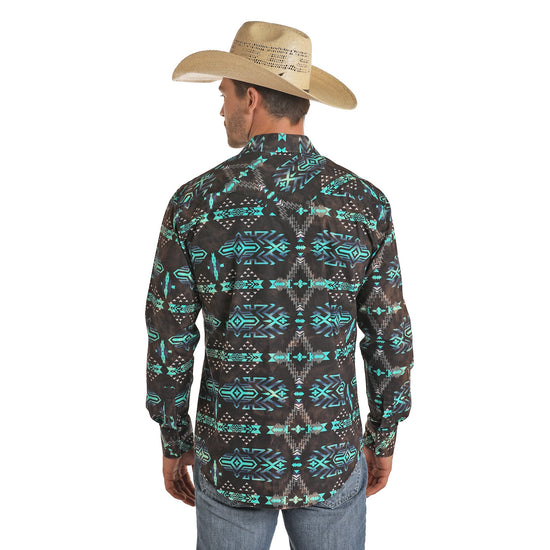 Rock & Roll Cowboy Men's Black & Teal Aztec Print Snap Shirt B2S5090