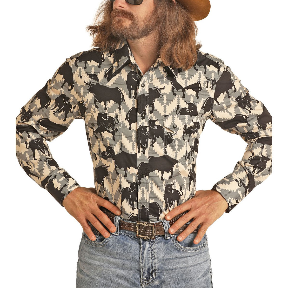 Load image into Gallery viewer, Rock &amp;amp; Roll Cowboy Men&amp;#39;s Dale Brisby Bull Print Snap Shirt B2S6721
