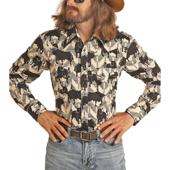 Load image into Gallery viewer, Rock &amp;amp; Roll Cowboy Men&amp;#39;s Dale Brisby Bull Print Snap Shirt B2S6721
