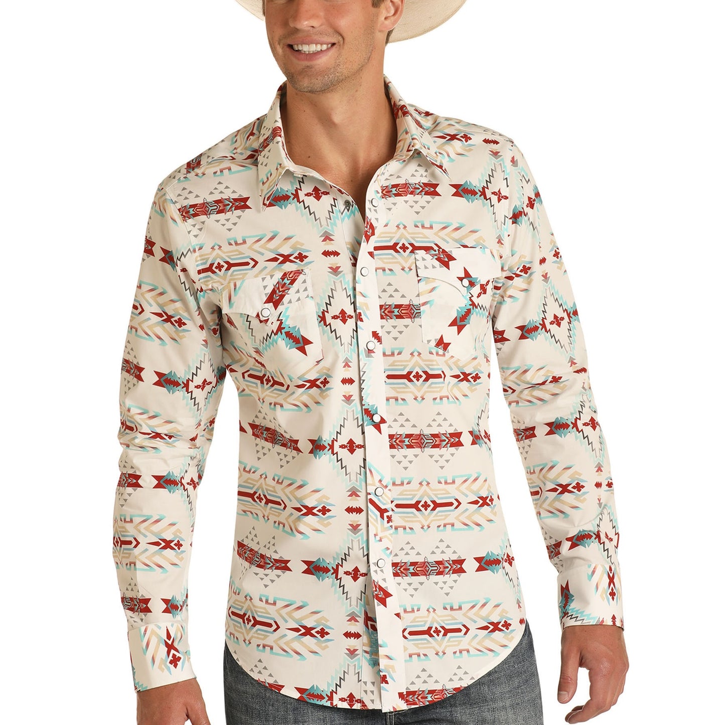 Rock & Roll Cowboy Men's Aztec White Snap Shirt B2S7080-15