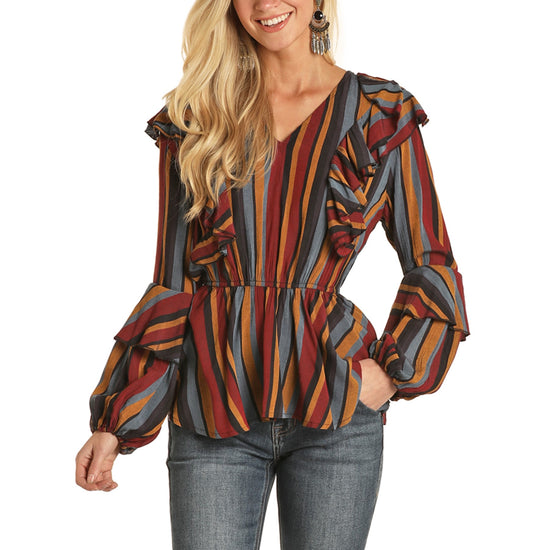 Rock & Roll Cowgirl Ladies Stripe Multicolor Blouse Shirt B4-7646-97