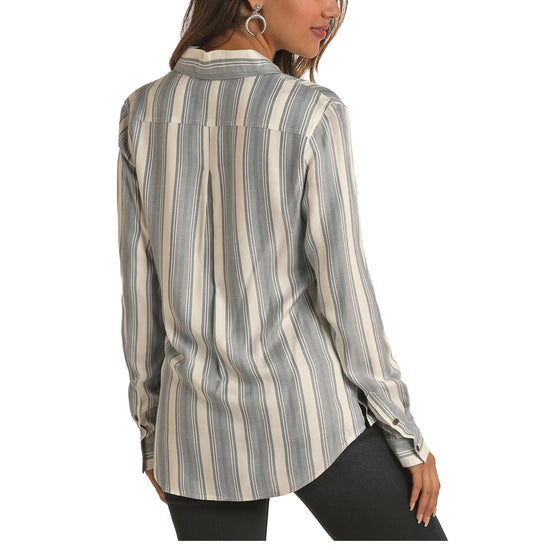 Rock & Roll Cowgirl Ladies Stripe Boyfriend Fit Button Up Shirt B4B6294