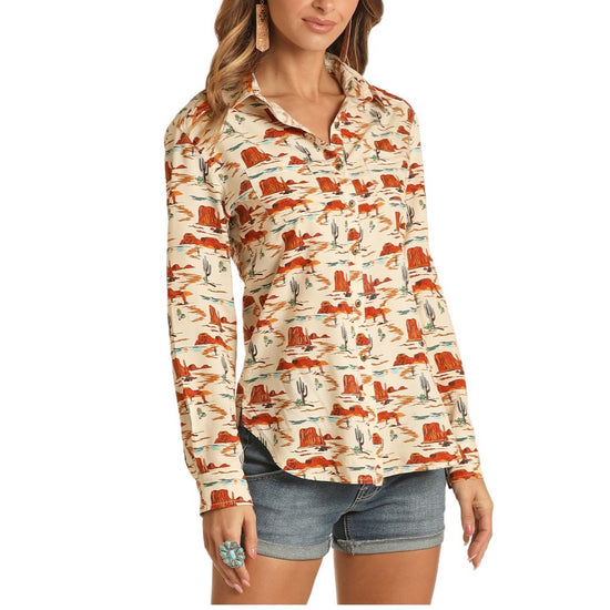 Load image into Gallery viewer, Rock &amp;amp; Roll Cowgirl Ladies Tan Boyfriend Button Shirt B4B8406
