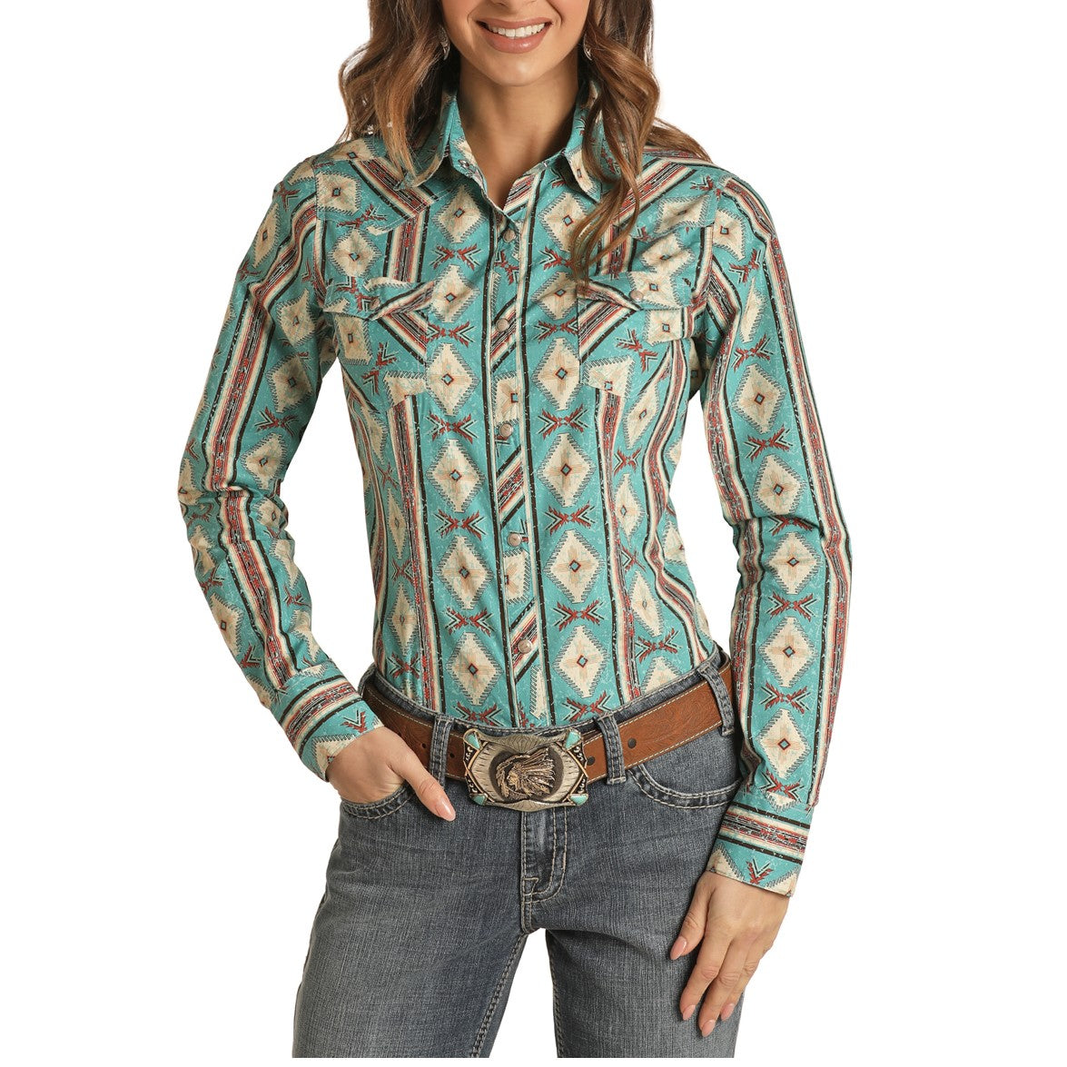 Rock & Roll Cowgirl Ladies Turquoise Aztec Print Snap Shirt B4S1313-22