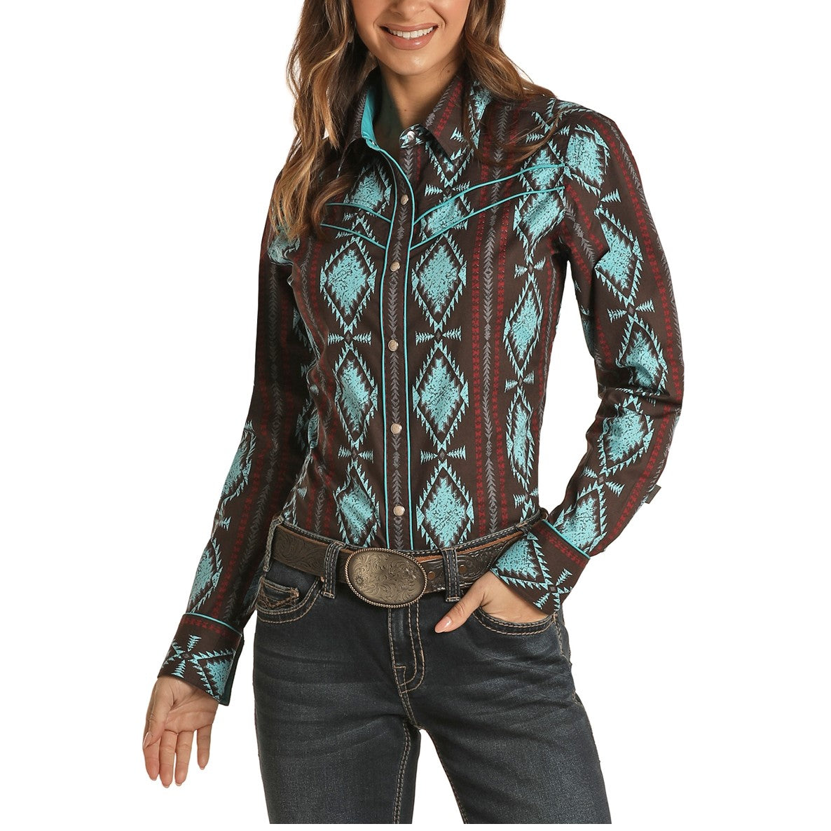Rock & Roll Cowgirl Ladies Brown Aztec Brown Snap Shirt B4S1314-22